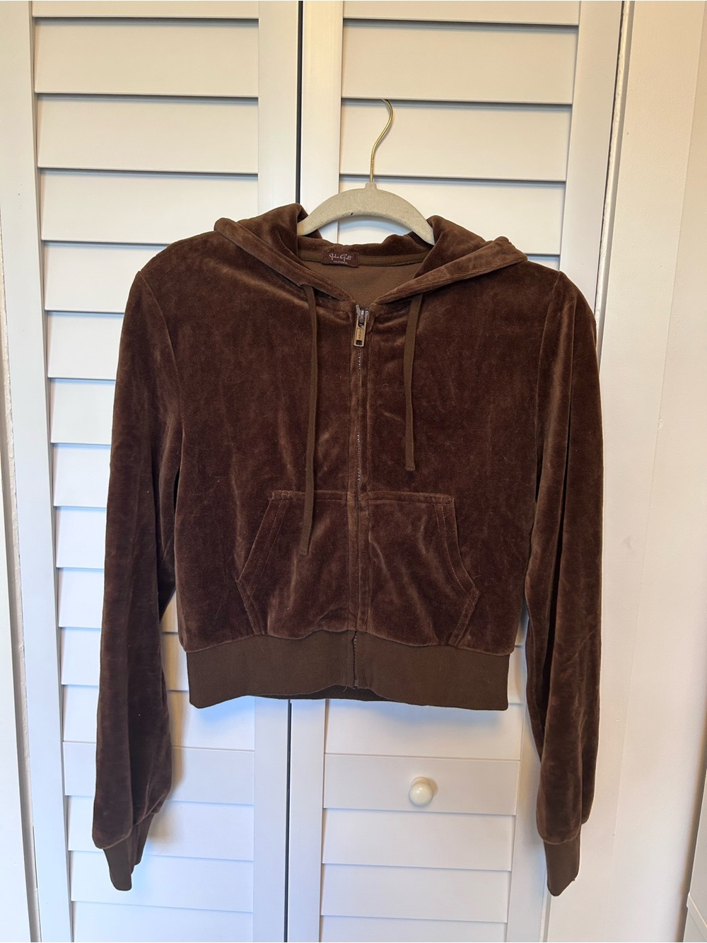John Galt Brown Velour Zip Hoodie Jacket Cropped Y2K